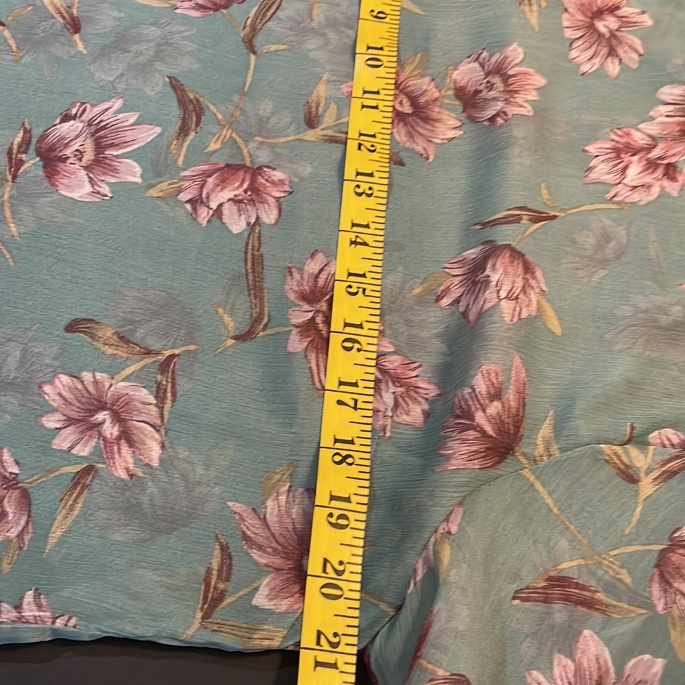 Floral Teal & Pink Sheer top,mock neck, long ruffle sleeve, flowy, XS - Picture 9 of 12